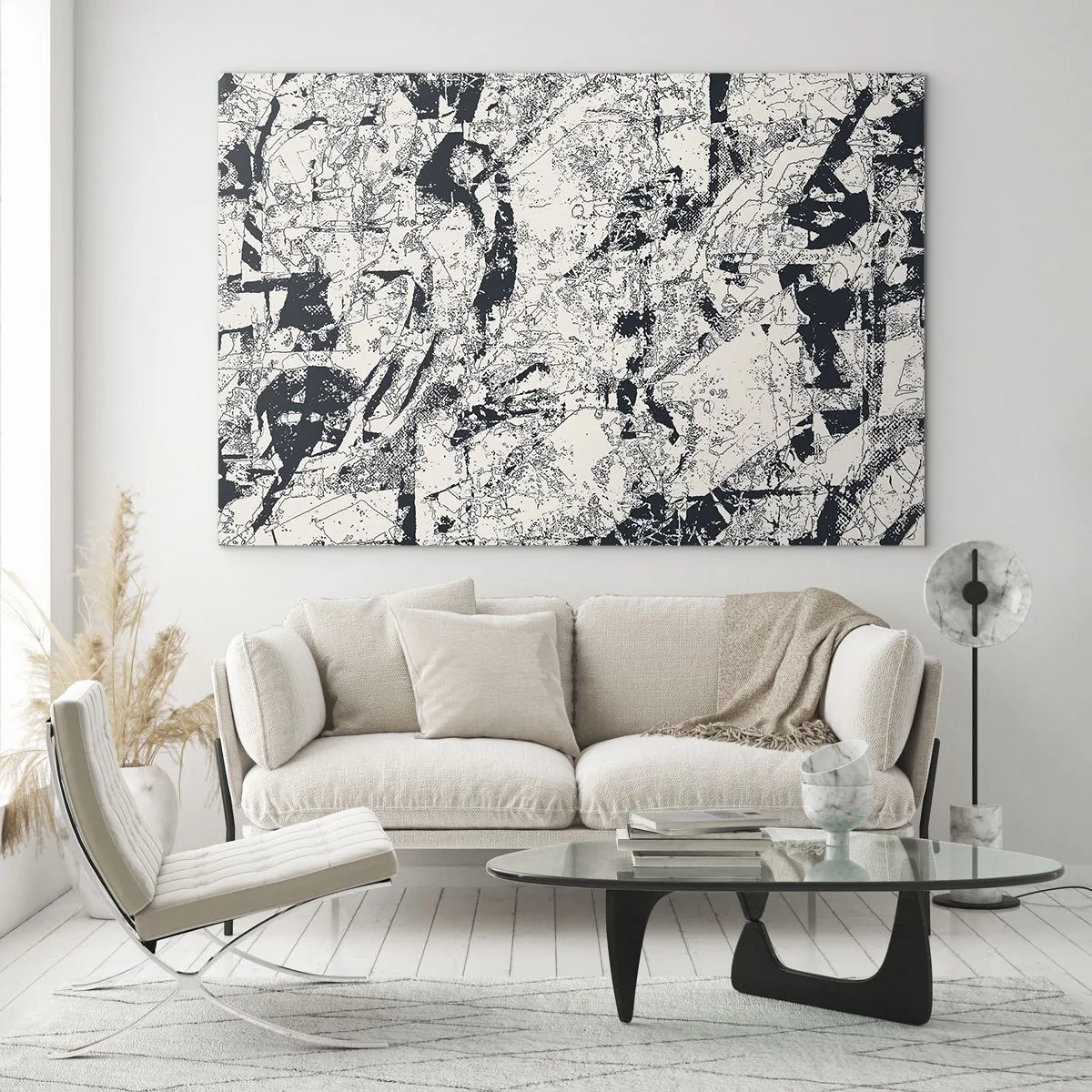 Quadro su vetro - Astrazione in bianco e nero con linee e texture dinamiche - 70x50cm - La compenetrazione degli opposti - Decorazione murale moderna per soggiorno e camera da letto ARTTOR