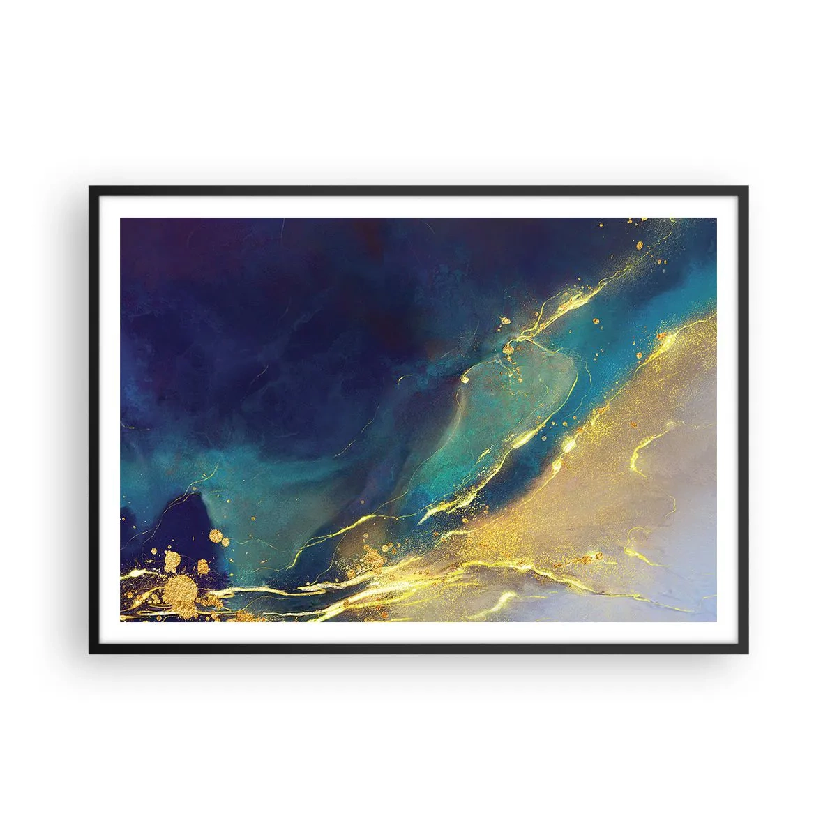 Poster in cornice nera - Composizione astratta nei toni del blu e dell'oro su tela - 100x70cm - La palude dorata - Decorazione murale moderna per soggiorno e camera da letto ARTTOR