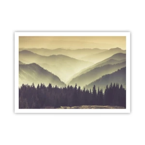 Poster - Pittoresche catene montuose avvolte nella nebbia in una luce calda - 100x70cm - Dopo sette montagne… - Decorazione murale moderna per soggiorno e camera da letto ARTTOR