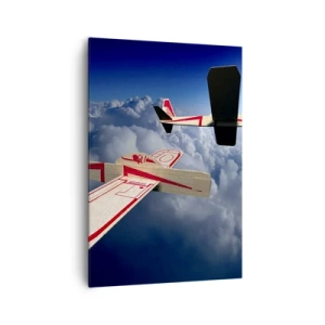 Quadro su tela - Stampe su Tela - Due aeroplani di legno che sorvolano le nuvole contro un cielo azzurro. - 70x100cm - Più in alto, più lontano - Decorazione murale moderna per soggiorno e camera da letto ARTTOR