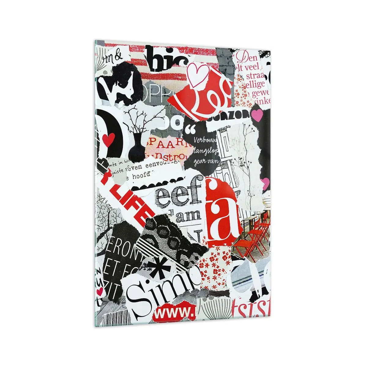 Quadro su vetro - Un collage colorato con iscrizioni, cuori e grafiche. - 70x100cm - Collage hipster - Decorazione murale moderna per soggiorno e camera da letto ARTTOR