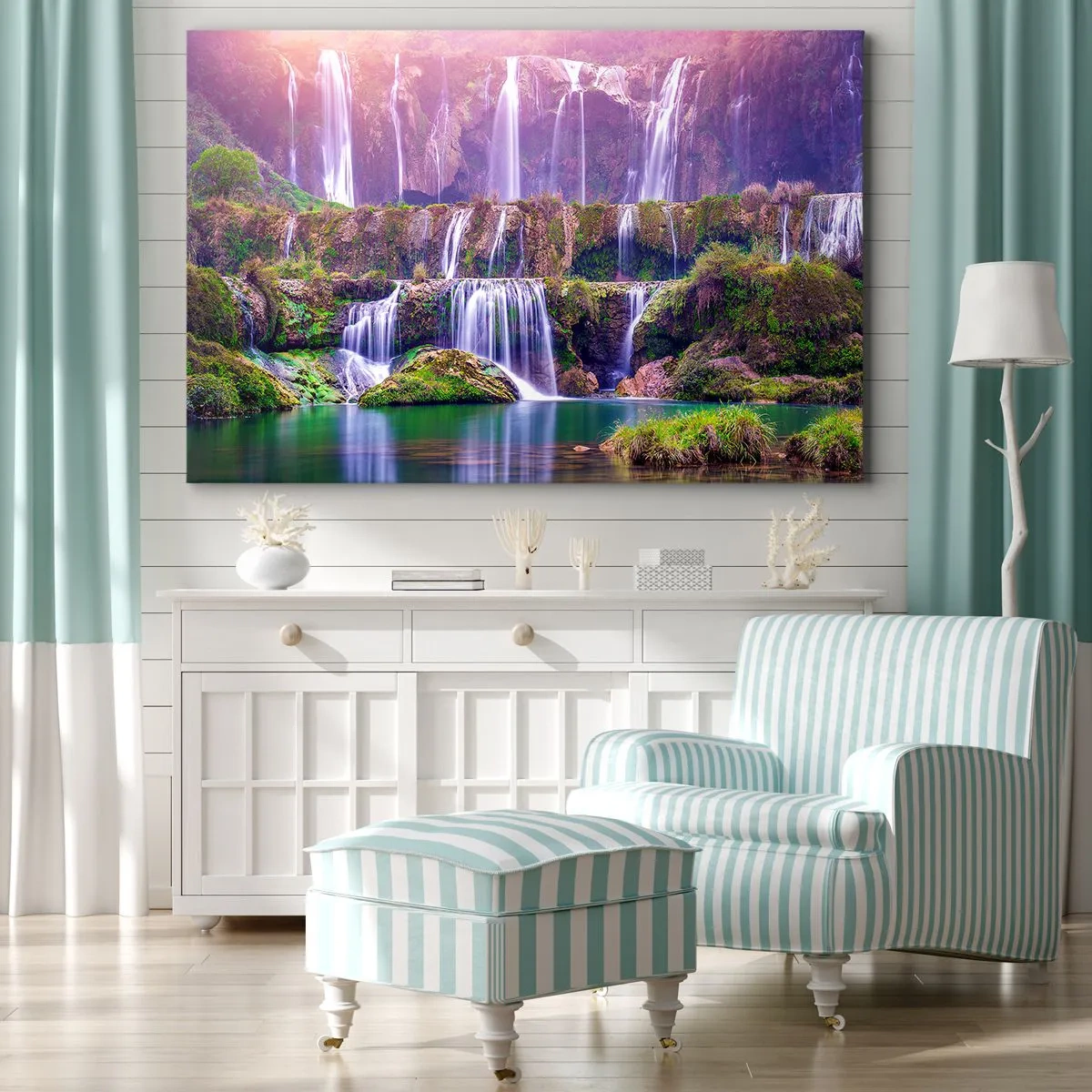 Quadro su tela - Stampe su Tela - Cascate immerse nel verde con luci pastello - 120x80cm - La scala verso il cielo - Decorazione murale moderna per soggiorno e camera da letto ARTTOR