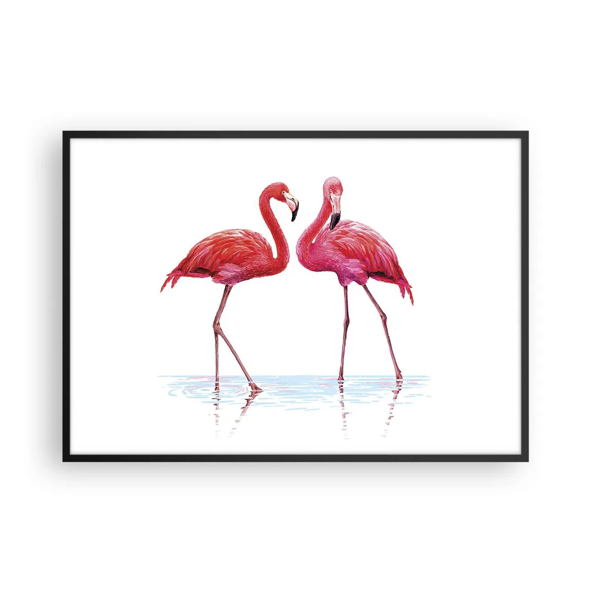 Poster in cornice nera - Una coppia di fenicotteri nell'acqua su uno sfondo chiaro - 100x70cm - Appuntamento in rosa - Decorazione murale moderna per soggiorno e camera da letto ARTTOR