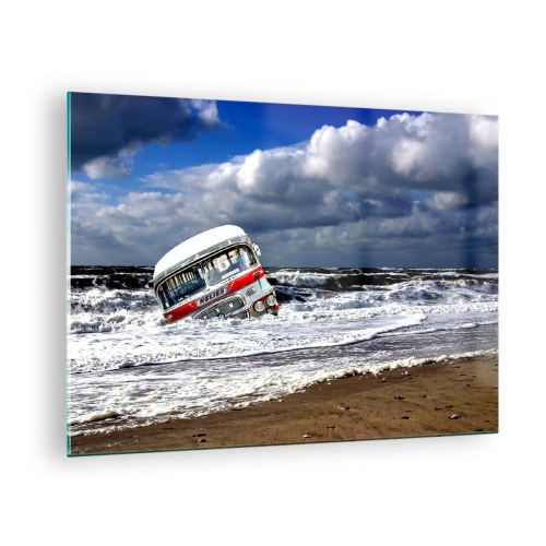 Quadro su vetro - Un vecchio autobus nelle acque di un mare in tempesta - 70x50cm - Ti meravigli? - Decorazione murale moderna per soggiorno e camera da letto ARTTOR
