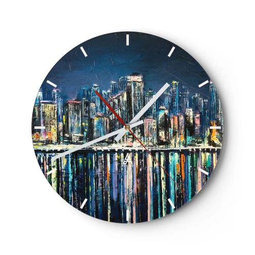 Orologio da parete - Orologio in Vetro - Panorama notturno della città con riflessi di luce sull'acqua - 30x30cm - Cascata di luci - Decorazione murale moderna per soggiorno, cucina e camera da letto ARTTOR