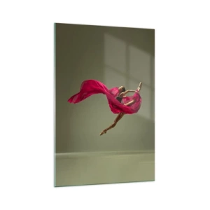 Quadro su vetro - Ballerina in posa dinamica con tessuto rosa - 70x100cm - Fiamma danzante - Decorazione murale moderna per soggiorno e camera da letto ARTTOR