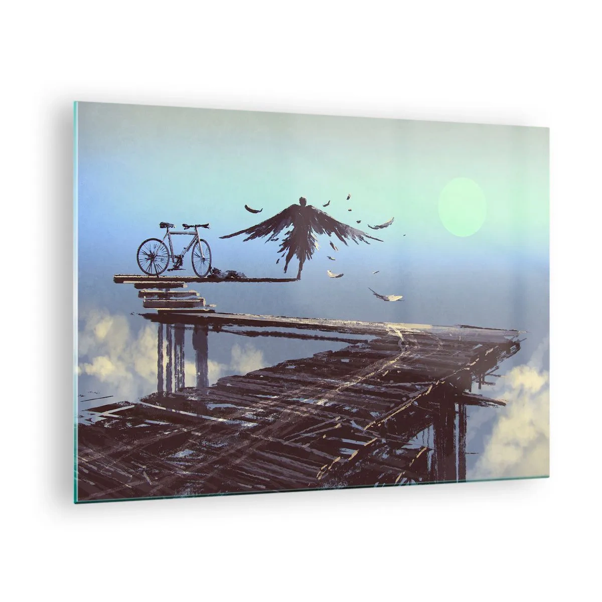 Quadro su vetro - Una figura con una bicicletta su un ponte di legno sopra le nuvole - 70x50cm - Icaro è sempre vivo - Decorazione murale moderna per soggiorno e camera da letto ARTTOR