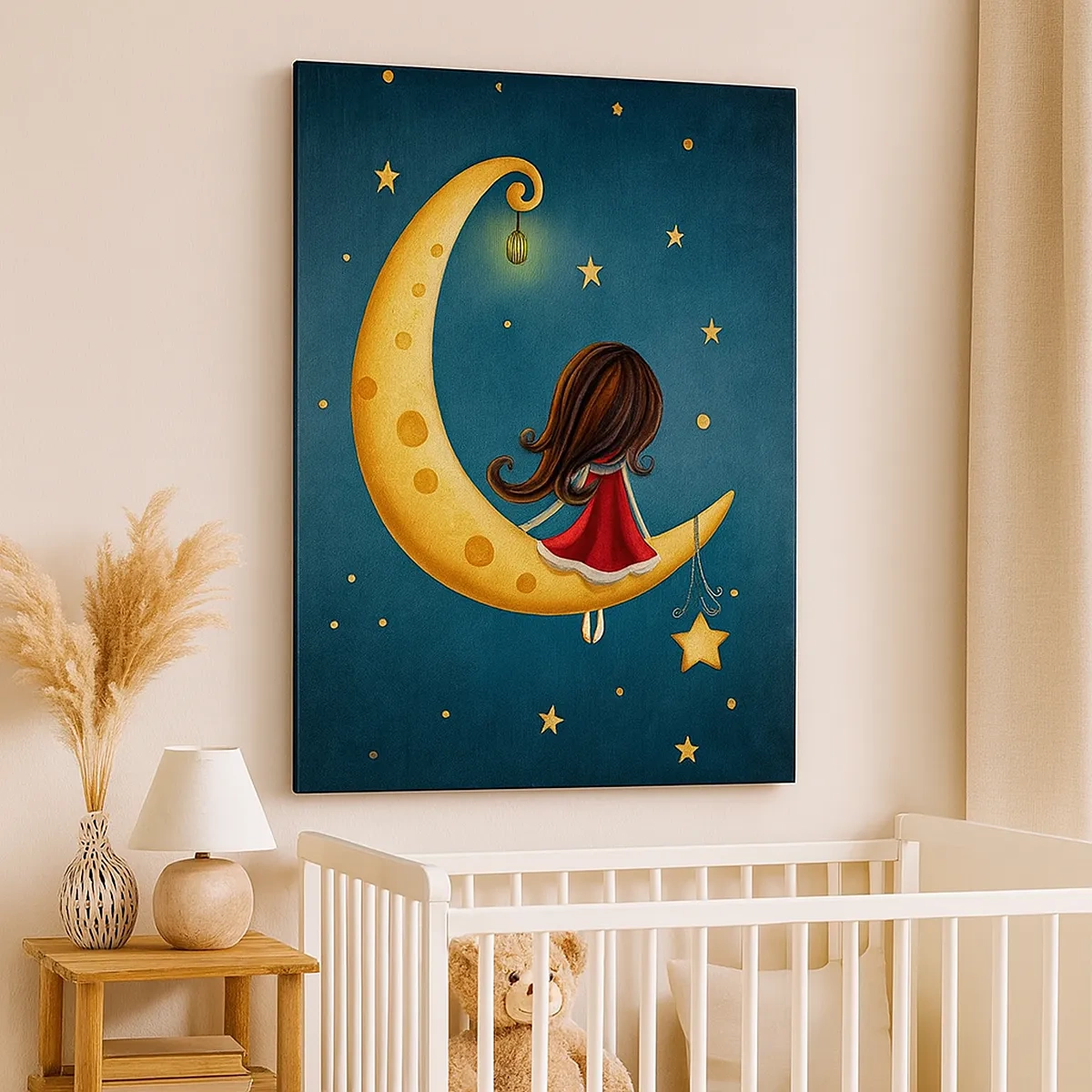 Quadro su tela - Stampe su Tela - Una ragazza sulla luna circondata dalle stelle - 50x70cm - Una volta... - Decorazione murale moderna per soggiorno e camera da letto ARTTOR