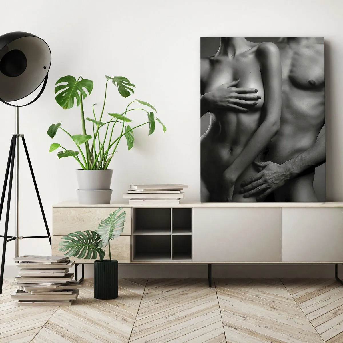 Quadro su tela - Stampe su Tela - Rappresentazione in bianco e nero di corpi femminili e maschili in una posa artistica - 50x70cm - Adamo ed Eva - Decorazione murale moderna per soggiorno e camera da letto ARTTOR