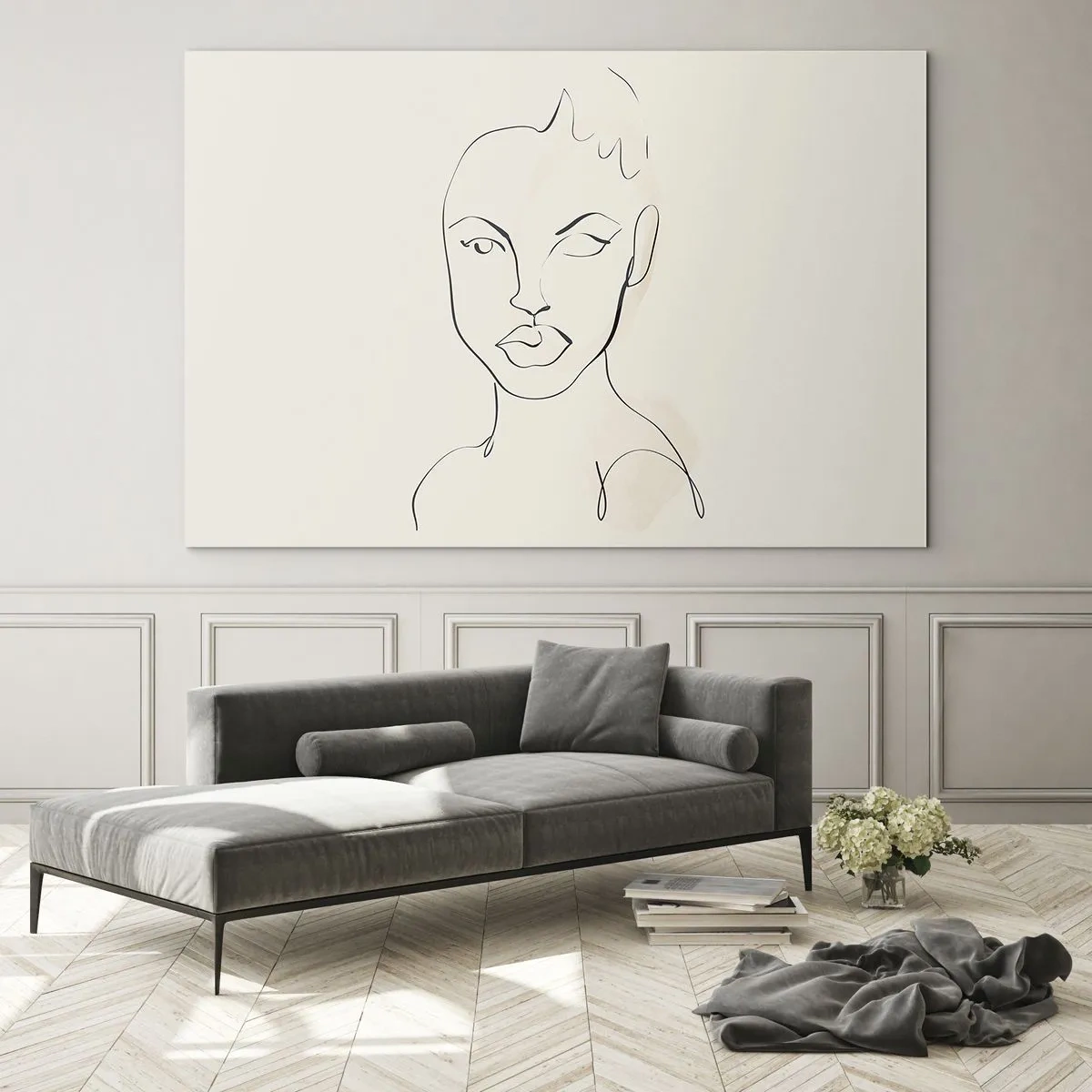 Quadro su vetro - Il contorno del viso è nei toni del nero con delicati accenti rosa. - 70x50cm - Profilo di sensualità - Decorazione murale moderna per soggiorno e camera da letto ARTTOR