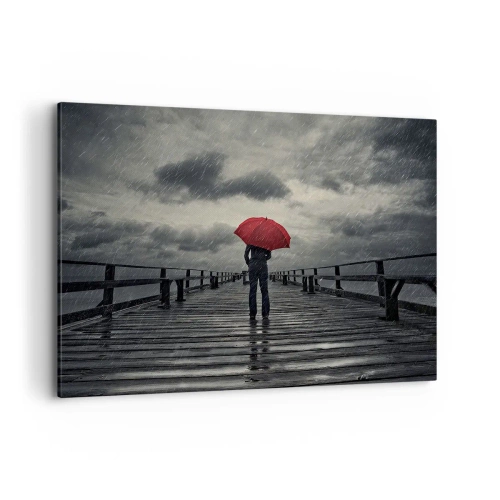 Quadro su tela - Stampe su Tela - Una persona con un ombrello rosso su un molo piovoso - 120x80cm - Non importa che piove - Decorazione murale moderna per soggiorno e camera da letto ARTTOR