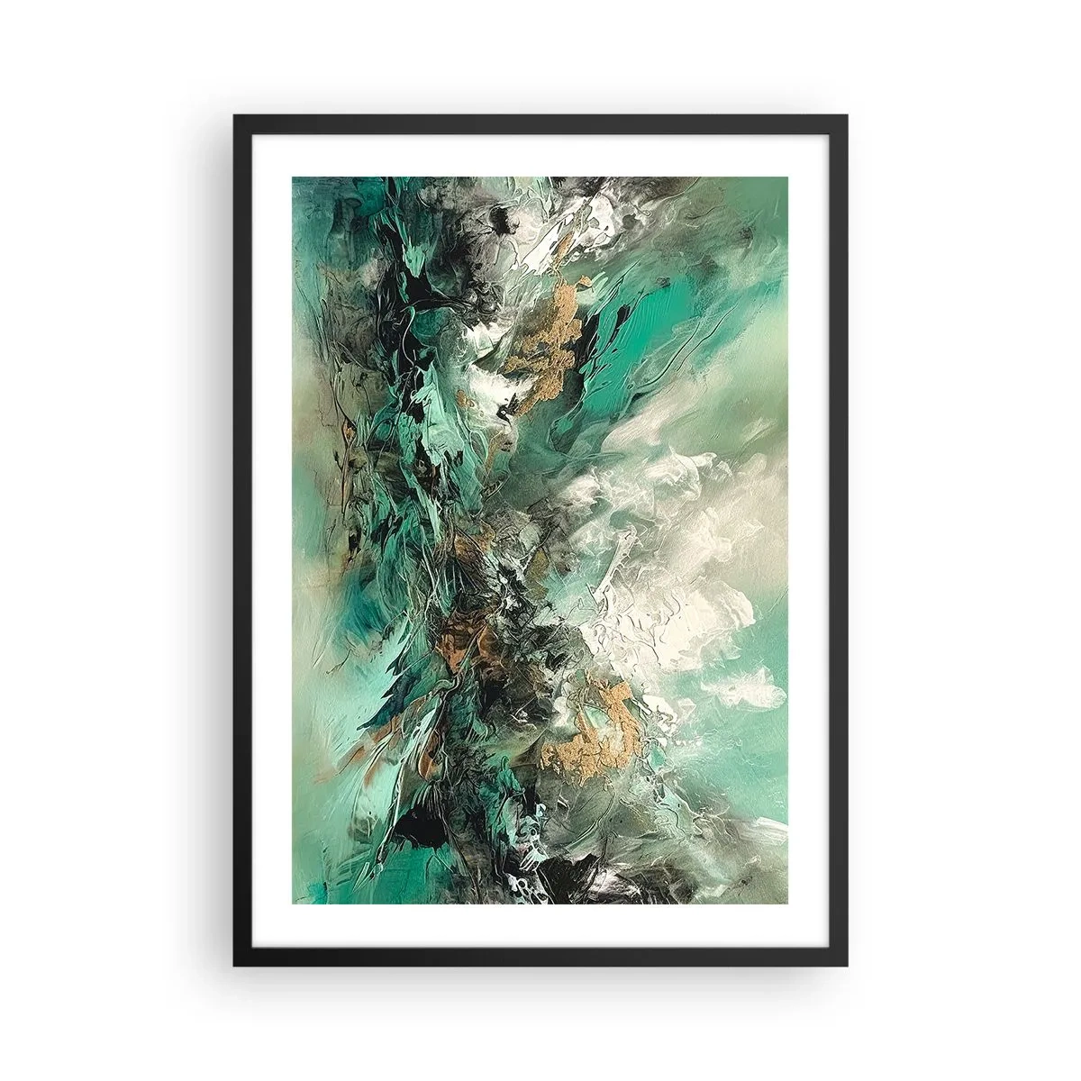 Poster in cornice nera - Composizione astratta nei toni del verde e dell'oro - 50x70cm - Frangente nero e smeraldo - Decorazione murale moderna per soggiorno e camera da letto ARTTOR