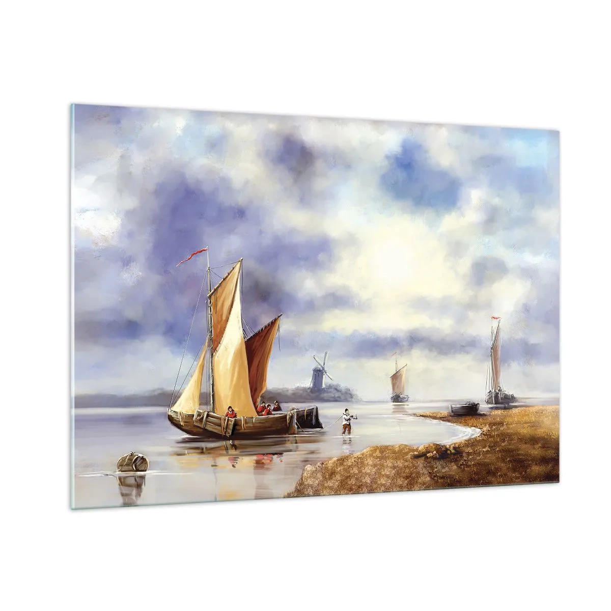 Quadro su vetro - Barche a vela su un lago calmo con mulini a vento sullo sfondo - 100x70cm - Il ritorno dei marinai - Decorazione murale moderna per soggiorno e camera da letto ARTTOR