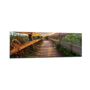 Quadro su vetro - Molo di legno che conduce alla spiaggia al tramonto - 160x50cm - Dritto verso la riva - Decorazione murale moderna per soggiorno e camera da letto ARTTOR