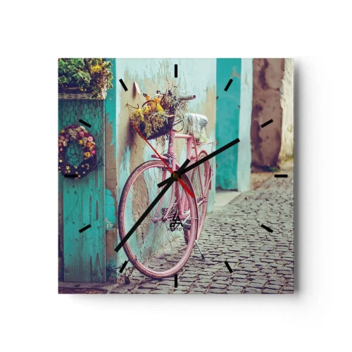 Orologio da parete - Orologio in Vetro - Una bicicletta rosa vicino a una porta turchese - 30x30cm - Torno subito - Decorazione murale moderna per soggiorno e camera da letto ARTTOR