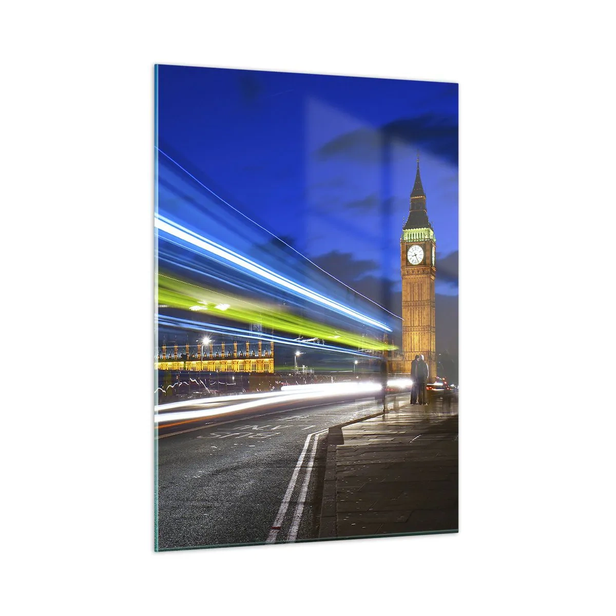 Quadro su vetro - Big Ben di notte con le luci delle auto sfocate - 50x70cm - Sotto lo sguardo del Big Ben - Decorazione murale moderna per soggiorno e camera da letto ARTTOR
