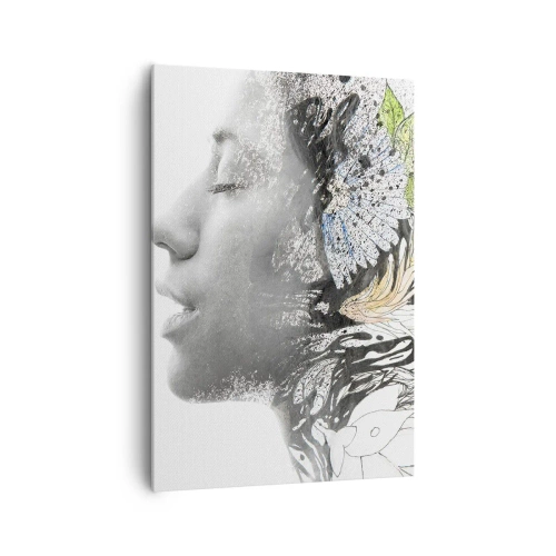 Quadro su tela - Stampe su Tela - Profilo di una donna in un collage artistico di natura e oscurità - 70x100cm - Immersa nella natura - Decorazione murale moderna per soggiorno e camera da letto ARTTOR