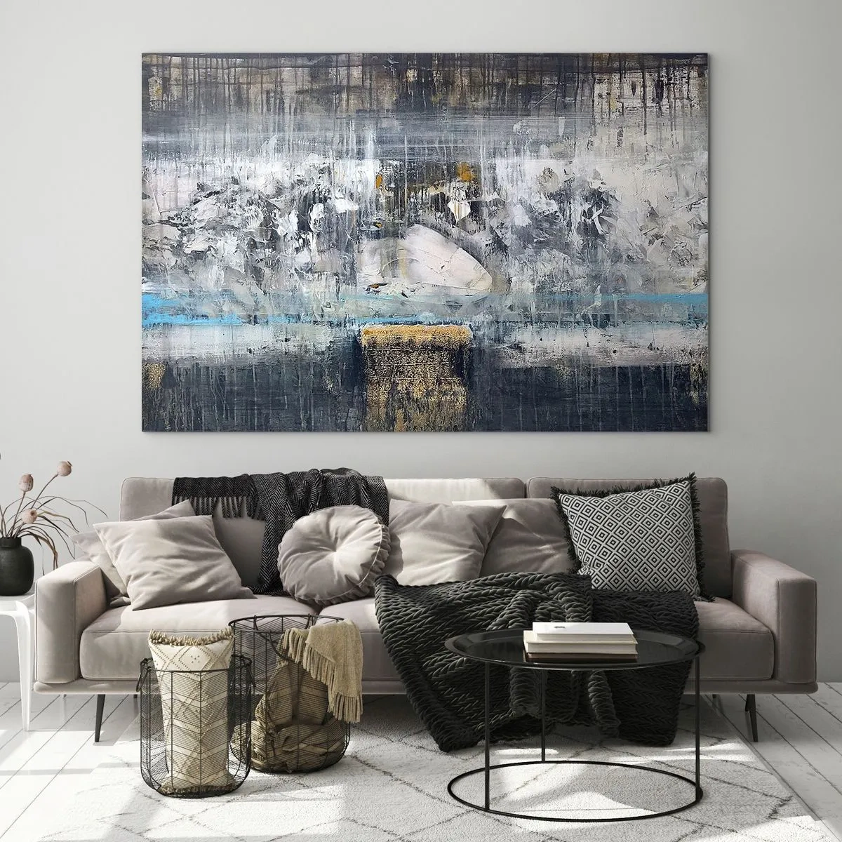 Quadro su vetro - Un paesaggio astratto dominato dal grigio e dal blu. - 70x50cm - Talvolta è facile, talvolta è difficile - Decorazione murale moderna per soggiorno e camera da letto ARTTOR