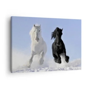 Quadro su tela - Stampe su Tela - Un cavallo bianco e uno nero che galoppano nella neve - 70x50cm - Galoppo in bianco e nero - Decorazione murale moderna per soggiorno e camera da letto ARTTOR