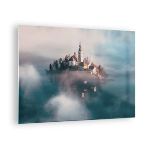 Quadro su vetro - Un'isola con una chiesa circondata dalla nebbia su un lago calmo - 70x50cm - L'isola dei sogni - Decorazione murale moderna per soggiorno e camera da letto ARTTOR