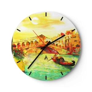 Orologio da parete - Orologio in Vetro - Una scena con una gondola sullo sfondo di un ponte dai colori dorati - 30x30cm - Il pellegrinaggio degli innamorati - Decorazione murale moderna per soggiorno, cucina e camera da letto ARTTOR
