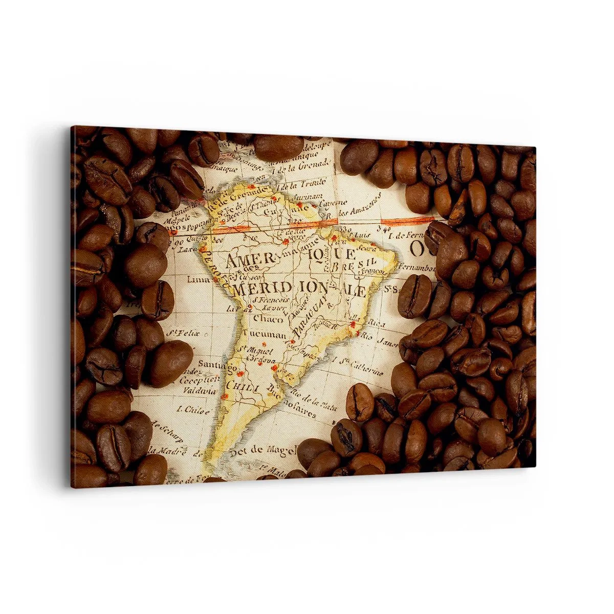 Quadro su tela - Stampe su Tela - Una mappa del Sud America circondata da chicchi di caffè. - 120x80cm - Da dove viene il miglior caffè? - Decorazione murale moderna per soggiorno e camera da letto ARTTOR