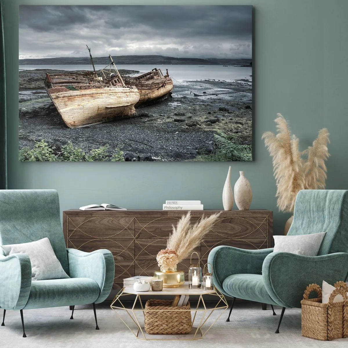 Quadro su tela - Stampe su Tela - Barche abbandonate sulla riva in una scena piovosa - 100x70cm - Segno delle fatiche degnamente sostenute - Decorazione murale moderna per soggiorno e camera da letto ARTTOR