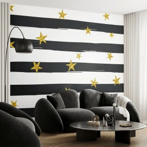 Fotomurali Premium Sand - Strisce bianche e nere con stelle dorate in stile minimalista - 100x70cm - Siamo tutti nati sotto una buona stella - Decorazione murale moderna per soggiorno e camera da letto ARTTOR