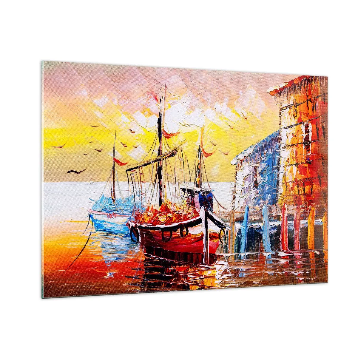 Quadro su vetro - Barche a vela colorate al tramonto - 100x70cm - Ritorno felice - Decorazione murale moderna per soggiorno e camera da letto ARTTOR