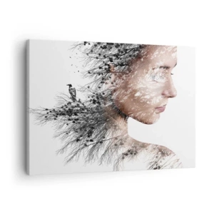 Quadro su tela - Stampe su Tela - Silhouette di una donna con un motivo di ramo e uccello sullo sfondo - 70x50cm - Lo spirito della foresta - Decorazione murale moderna per soggiorno e camera da letto ARTTOR