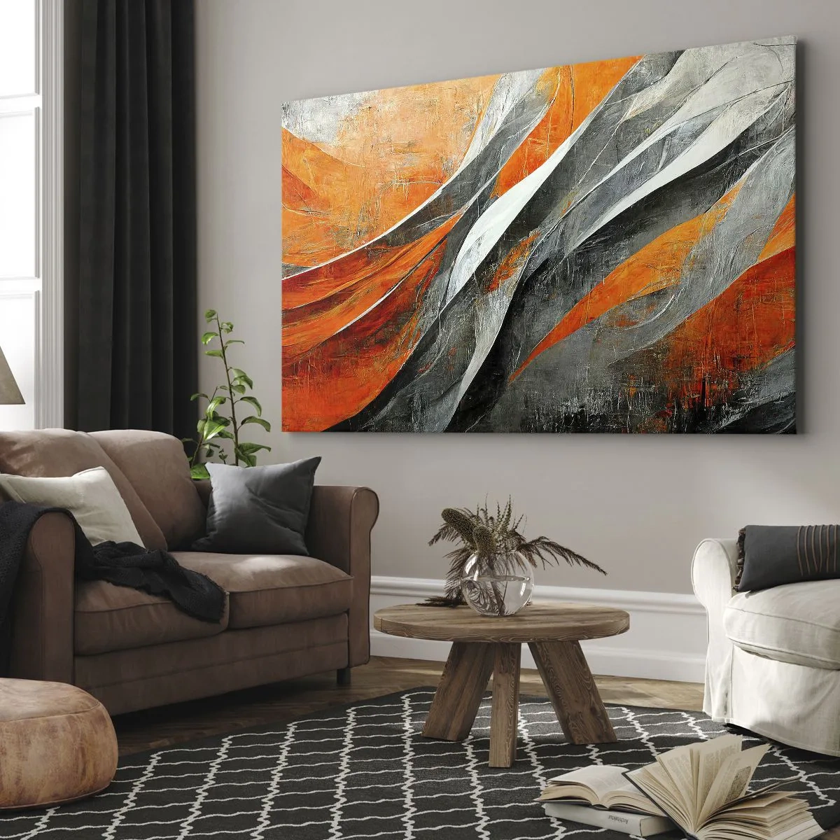 Quadro su tela - Stampe su Tela - Linee astratte nei toni dell'arancione e del grigio - 70x50cm - Caldo e freddo - Decorazione murale moderna per soggiorno e camera da letto ARTTOR