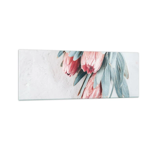 Quadro su vetro - Delicati fiori di protea rosa su uno sfondo chiaro - 140x50cm - Imbarazzati per la propria bellezza - Decorazione murale moderna per soggiorno e camera da letto ARTTOR