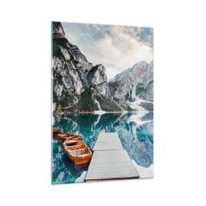 Quadro su vetro - Un ponte di legno sopra un lago turchese in montagna - 50x70cm - Ti mostriamo la bellezza - Decorazione murale moderna per soggiorno e camera da letto ARTTOR