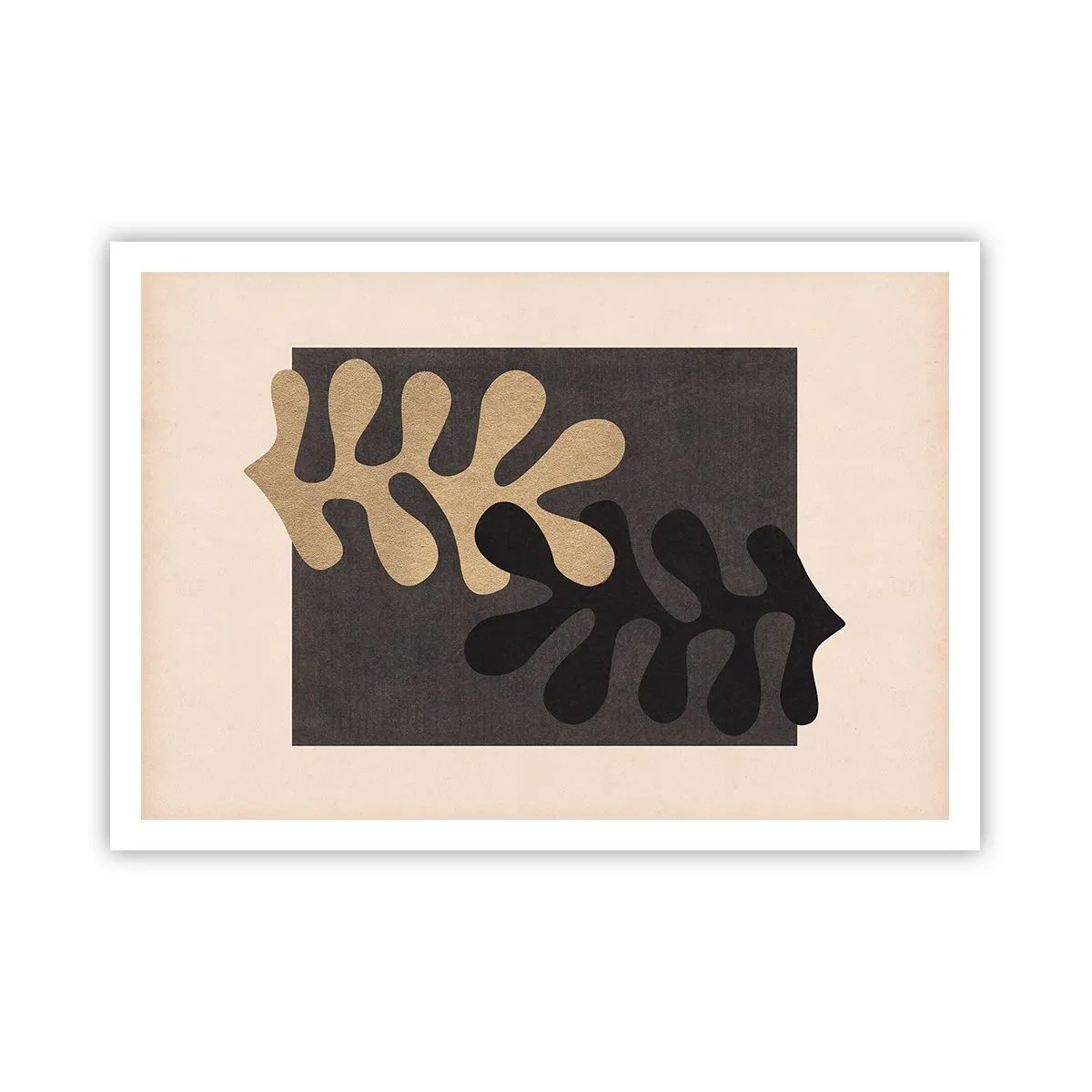 Poster - Foglie astratte in nero e beige su uno sfondo rettangolare - 100x70cm - Assenza e completamento - Decorazione murale moderna per soggiorno e camera da letto ARTTOR