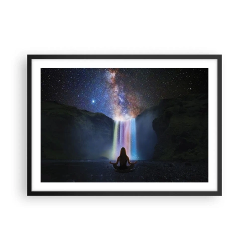 Poster in cornice nera - Meditazione davanti a una cascata tra le stelle - 70x50cm - Armonia assoluta - Decorazione murale moderna per soggiorno e camera da letto ARTTOR