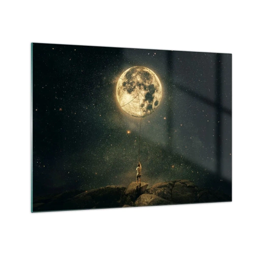 Quadro su vetro - Una figura su una roccia che tiene in mano la luna, intrappolata con una corda. - 70x50cm - Chi ha rubato la luna - Decorazione murale moderna per soggiorno e camera da letto ARTTOR