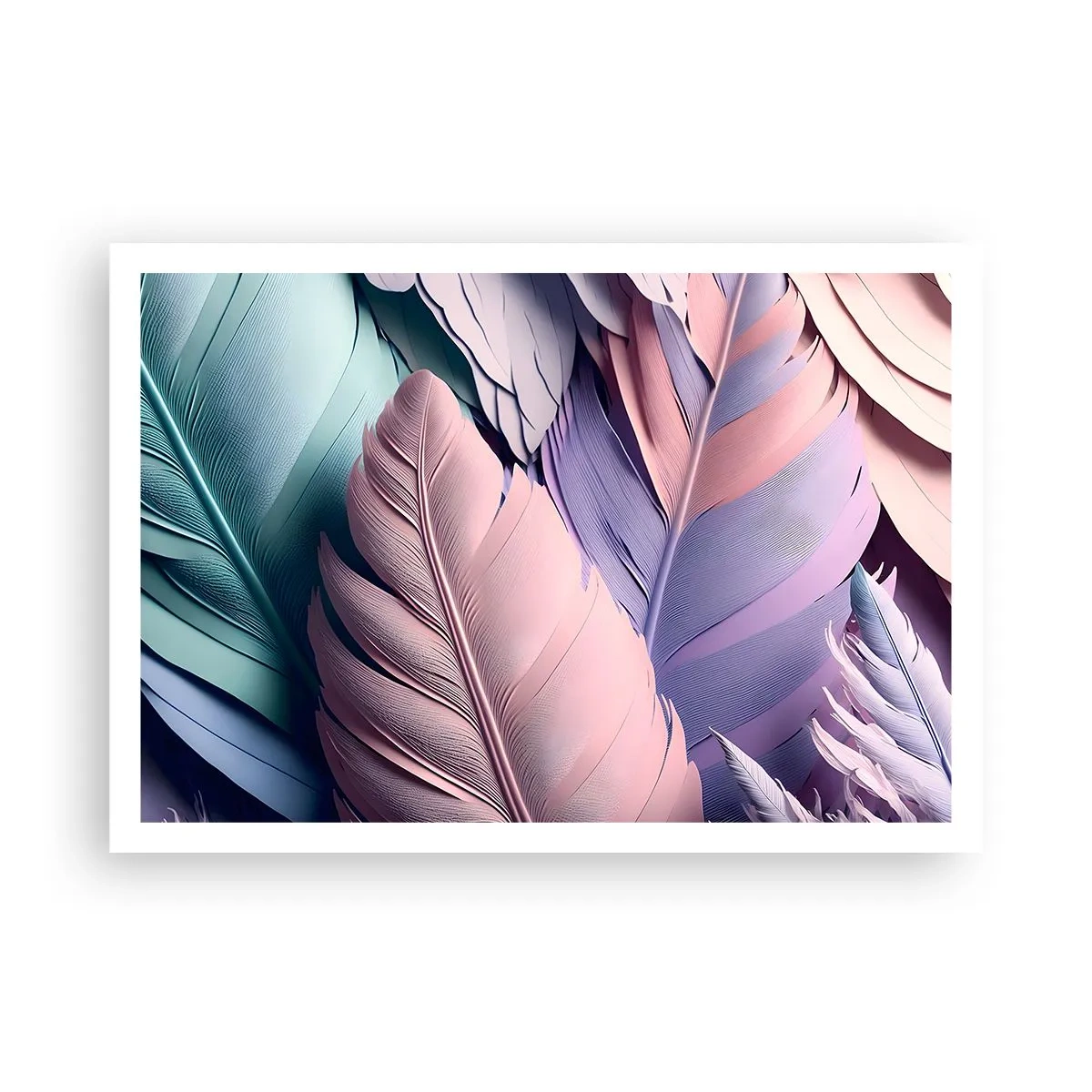 Poster - Piume colorate in tonalità pastello su uno sfondo chiaro - 100x70cm - Eleganza per uccelli - Decorazione murale moderna per soggiorno e camera da letto ARTTOR
