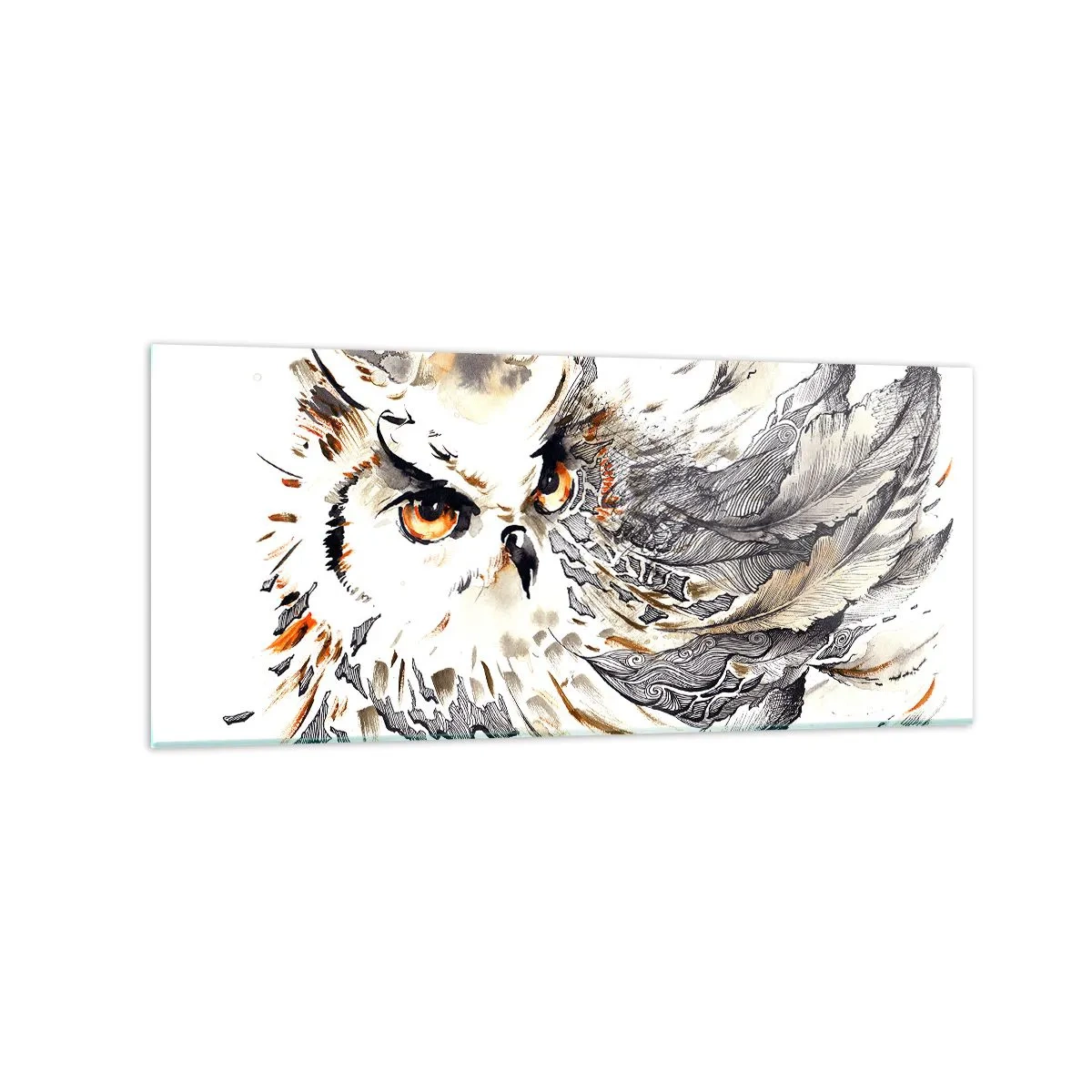 Quadro su vetro - Un gufo con piume mistiche in una forma artistica di acquerello - 120x50cm - Giunta dal mondo della magia - Decorazione murale moderna per soggiorno e camera da letto ARTTOR