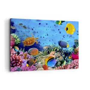 Quadro su tela - Stampe su Tela - Barriera corallina con pesci colorati e una tartaruga marina - 100x70cm - Ma cosa sappiamo della vita... - Decorazione murale moderna per soggiorno e camera da letto ARTTOR