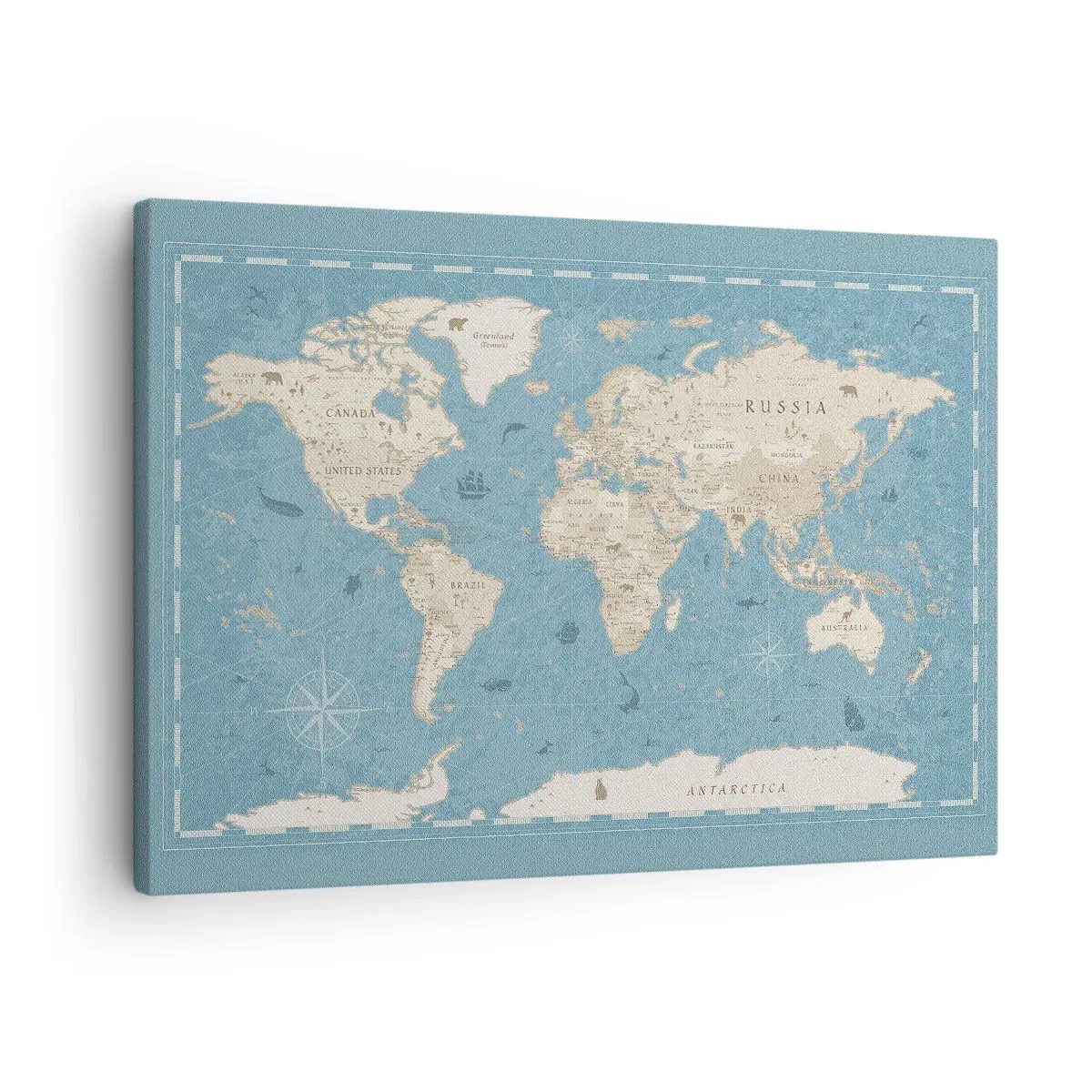 Quadro su tela - Stampe su Tela - Mappa del mondo decorativa nei toni del blu e del beige - 70x50cm - Il mondo a portata di mano - Decorazione murale moderna per soggiorno e camera da letto ARTTOR
