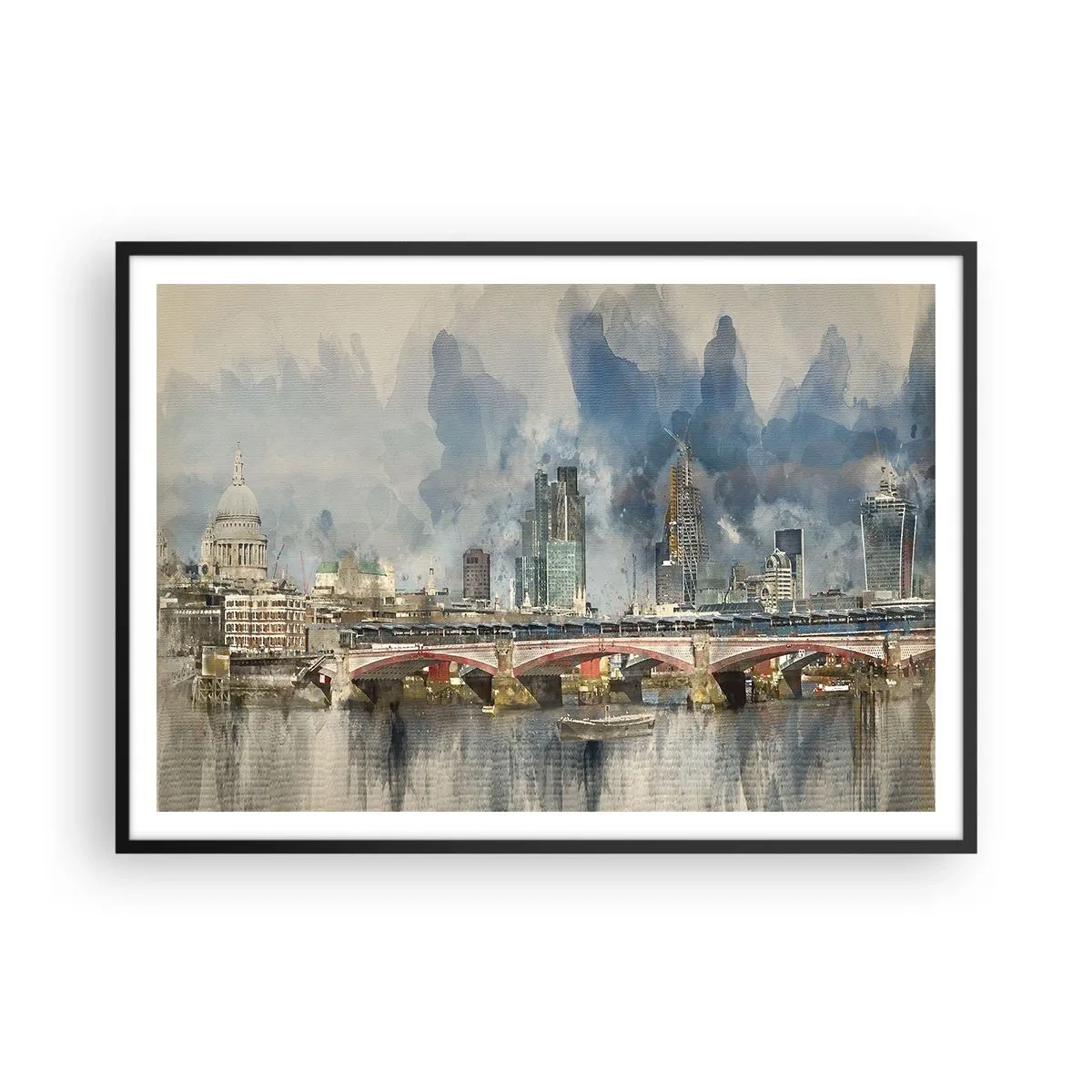 Poster in cornice nera - Vista ad acquerello del ponte e dello skyline della città - 100x70cm - Londra in tutta la sua bellezza - Decorazione murale moderna per soggiorno e camera da letto ARTTOR