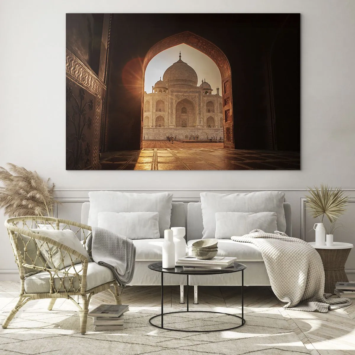 Quadro su vetro - Tramonto su un edificio monumentale visto attraverso un arco - 120x80cm - Monumento all'amore ultraterreno - Decorazione murale moderna per soggiorno e camera da letto ARTTOR
