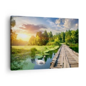 Quadro su tela - Stampe su Tela - Un paesaggio pittoresco con un ponte e un cigno - 70x50cm - Estate, estate ovunque - Decorazione murale moderna per soggiorno e camera da letto ARTTOR
