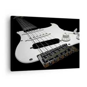 Quadro su tela - Stampe su Tela - Primo piano di una chitarra elettrica bianca su sfondo nero. - 70x50cm - Il suono nascosto nel bianco - Decorazione murale moderna per soggiorno e camera da letto ARTTOR