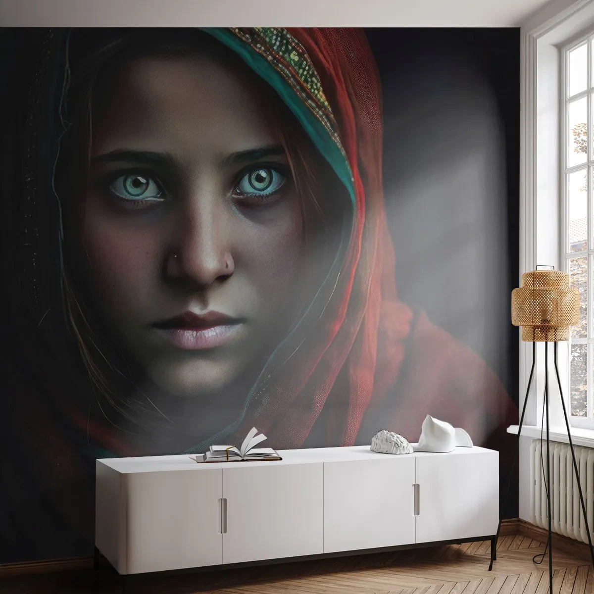 Fotomurali Premium Sand - Ritratto di una ragazza con uno scialle rosso dallo sguardo ipnotizzante - 100x70cm - Principessa d'oriente - Decorazione murale moderna per soggiorno e camera da letto ARTTOR