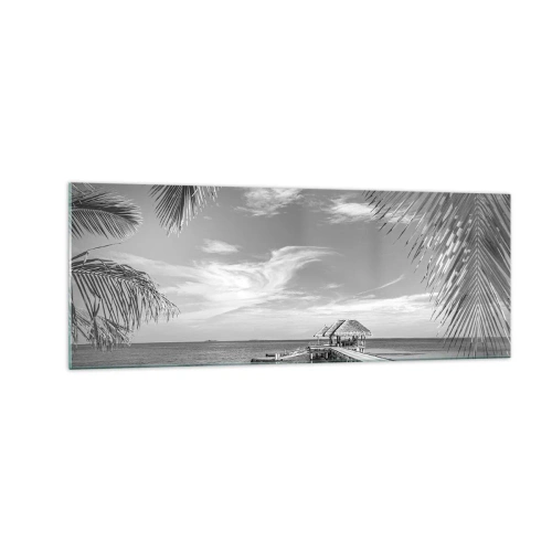 Quadro su vetro - Spiaggia bianca e nera con molo e palme su una costa tropicale - 140x50cm - Un ricordo o un sogno? - Decorazione murale moderna per soggiorno e camera da letto ARTTOR
