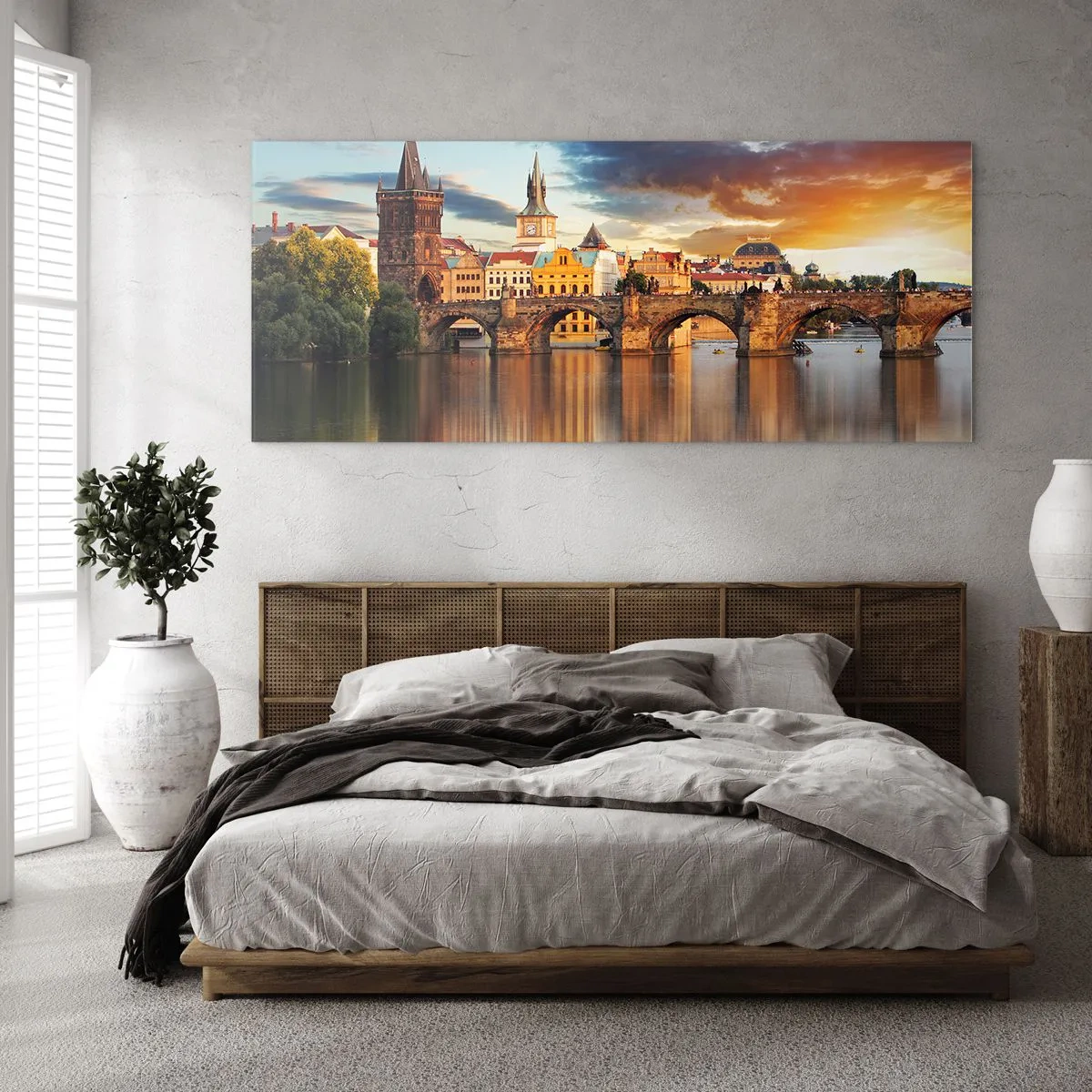 Quadro su vetro - Lo storico ponte sul fiume alla luce del tramonto - 120x50cm - Bella da secoli - Decorazione murale moderna per soggiorno e camera da letto ARTTOR