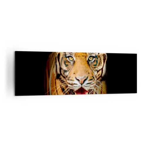Quadro su tela - Stampe su Tela - Una tigre con la bocca aperta su uno sfondo nero - 160x50cm - Cuore selvatico - Decorazione murale moderna per soggiorno e camera da letto ARTTOR