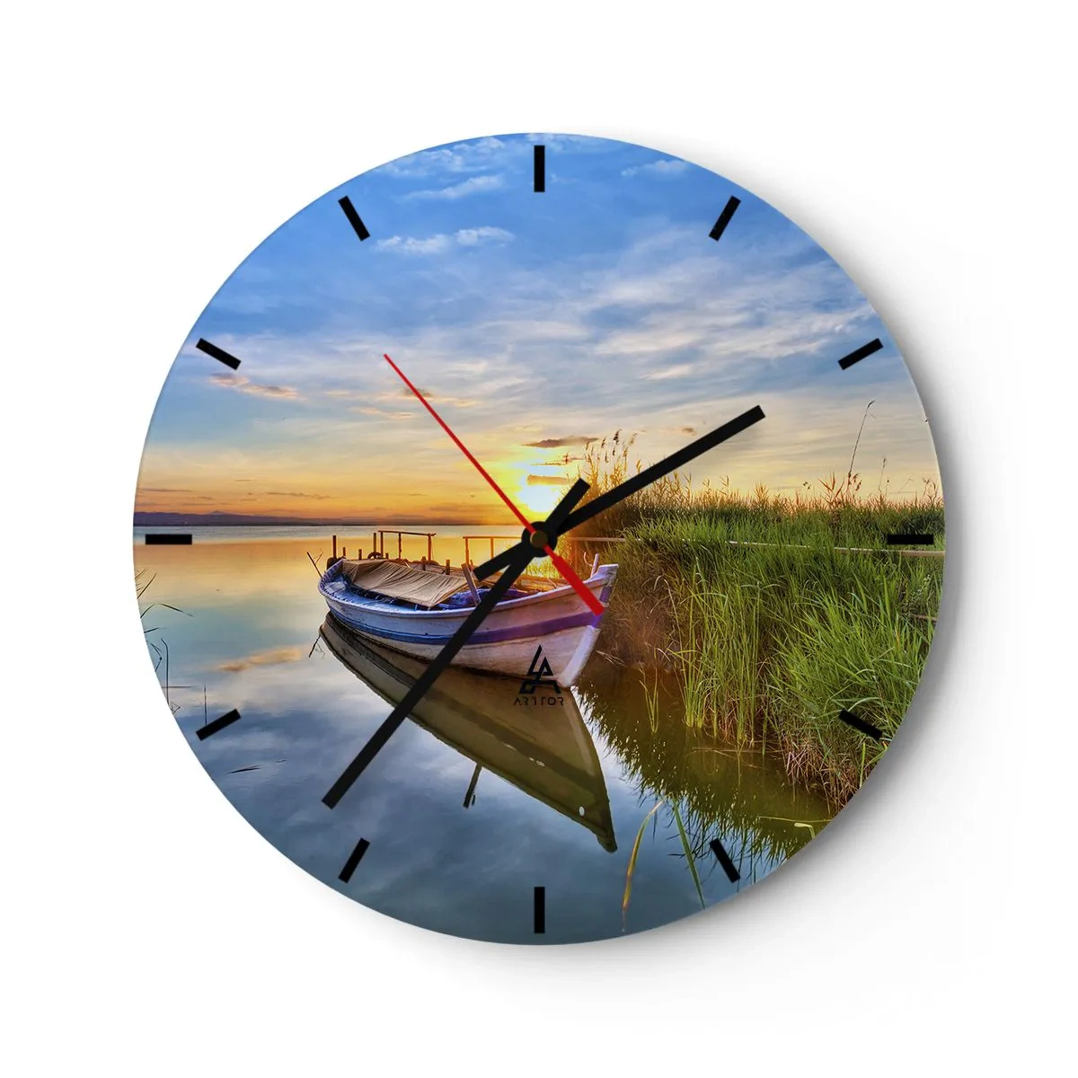 Orologio da parete - Orologio in Vetro - Una barca sul lago al tramonto - 30x30cm - L'insenatura dei sogni realizzati - Decorazione murale moderna per soggiorno, cucina e camera da letto ARTTOR