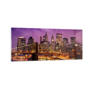 Quadro su vetro - Manhattan in viola e oro - 100x40 cm